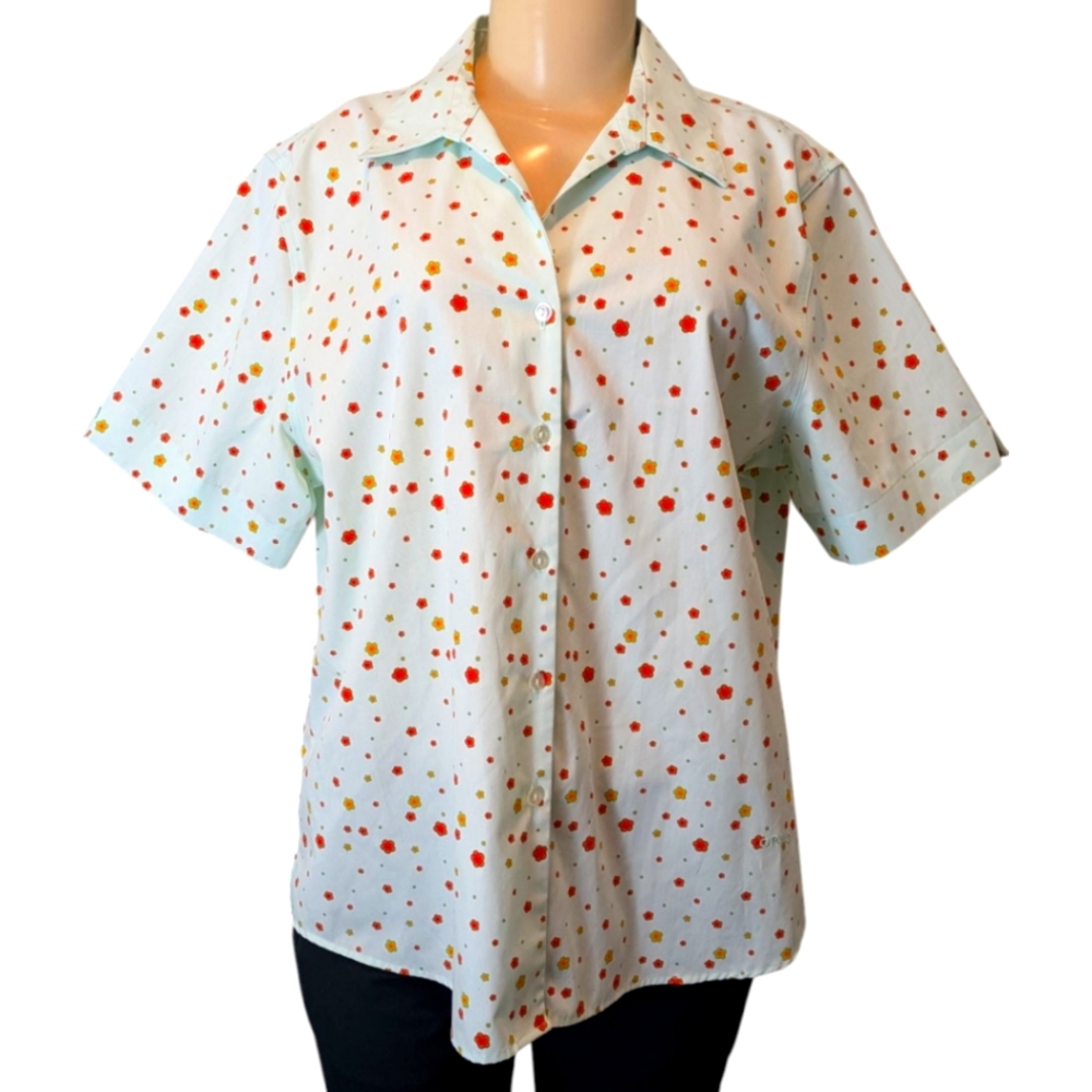 Orvis Mint Ditzy Floral Print Short Sleeve Button Down Shirt Women's Large